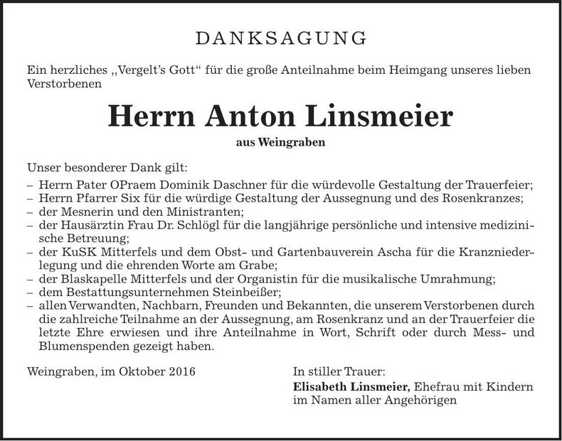 Traueranzeige Anton Linsmeier