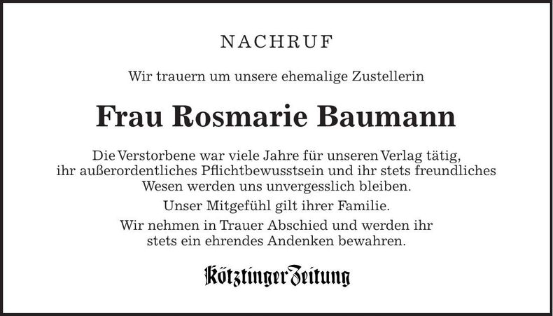 Traueranzeige Rosmarie Baumann
