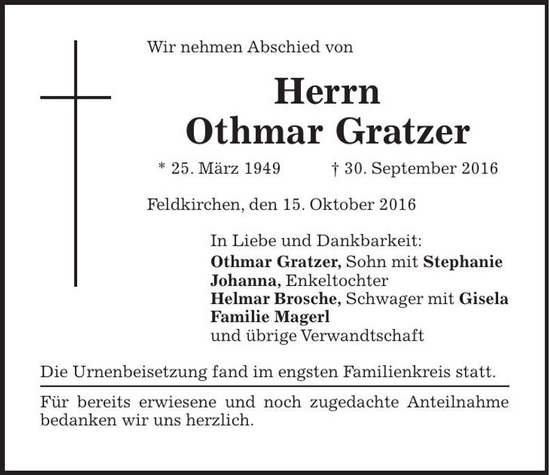Traueranzeige Othmar Gratzer
