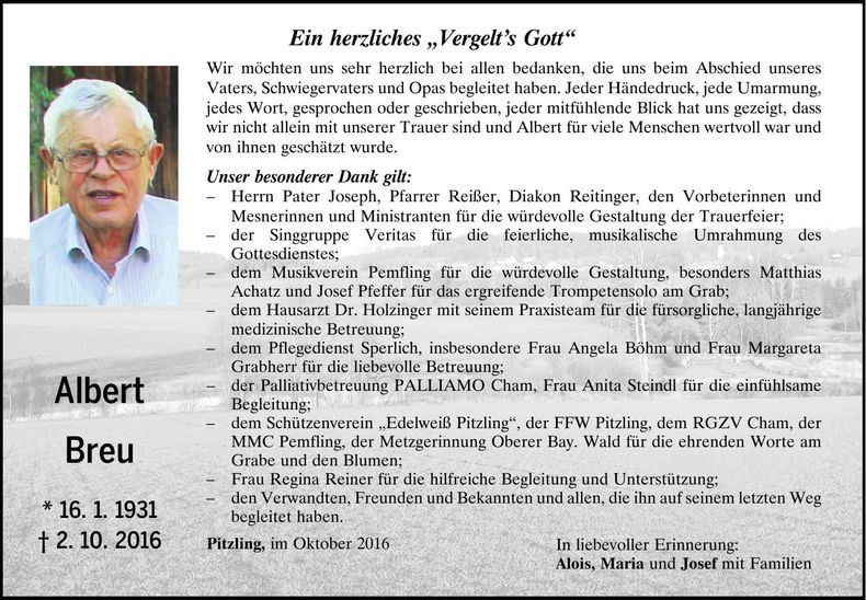 Traueranzeige albert Breu