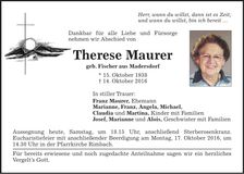 Traueranzeige Therese Maurer