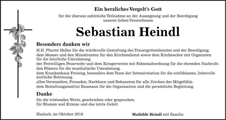 Traueranzeige Sebastian Heindl