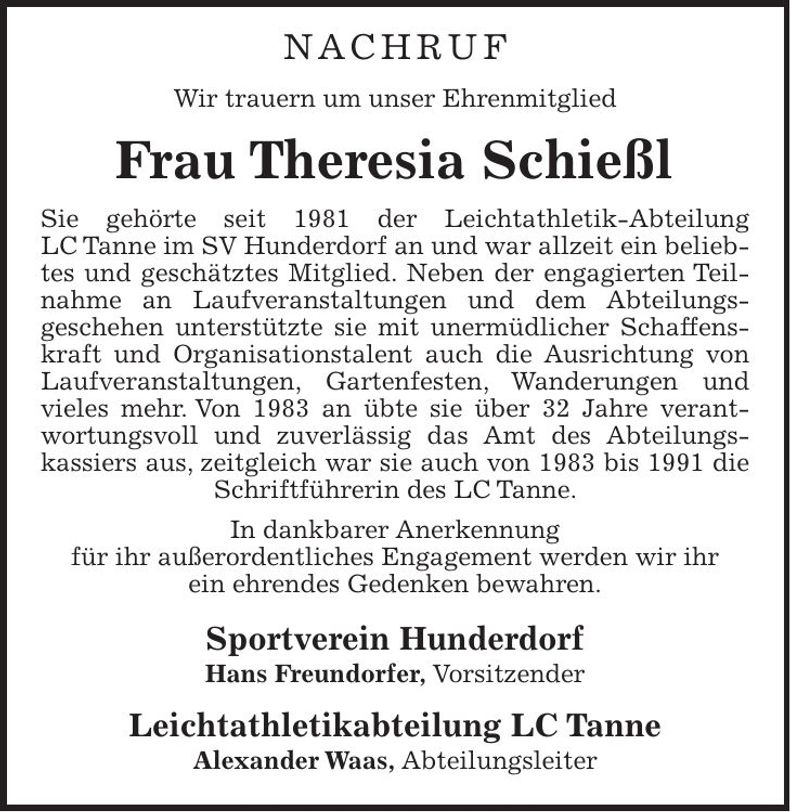 Traueranzeige Theresia Schießl