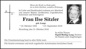 Traueranzeige Ilse Sitzler