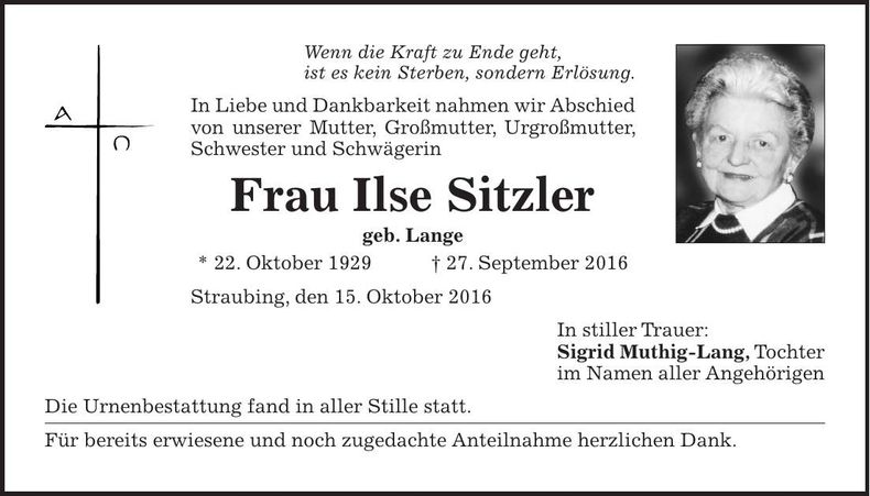 Traueranzeige Ilse Sitzler