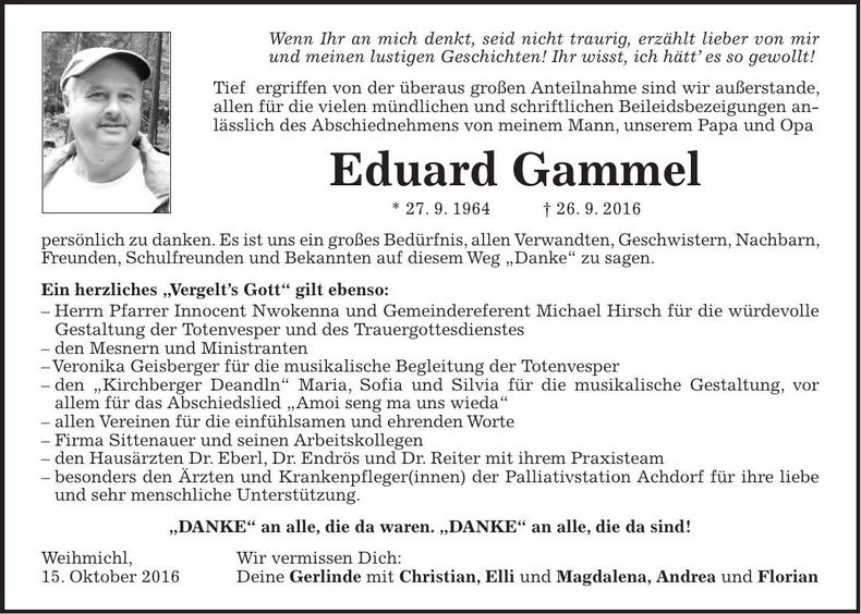 Traueranzeige Eduard Gammel