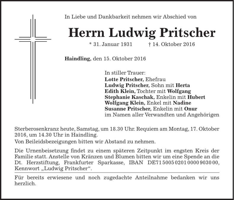 Traueranzeige Ludwig Pritscher