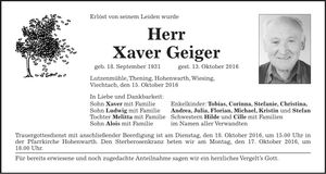 Traueranzeige Xaver Geiger