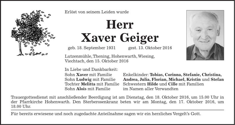 Traueranzeige Xaver Geiger