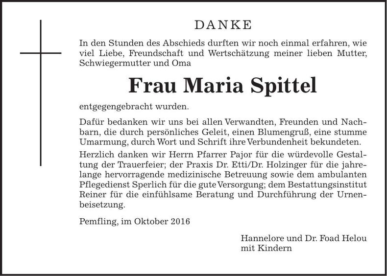 Traueranzeige Maria Spittel