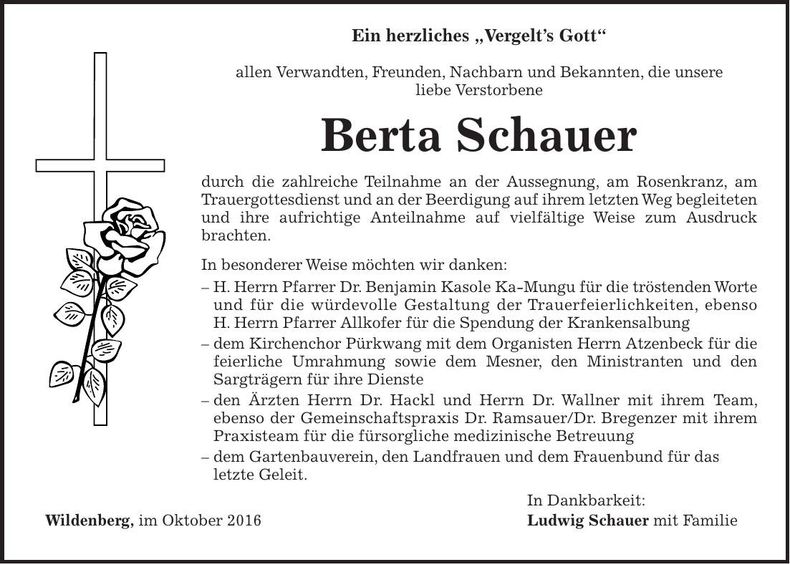 Traueranzeige Berta Schauer