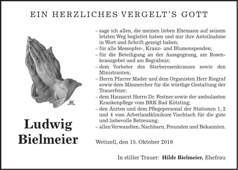 Traueranzeige Ludwig Bielmeier