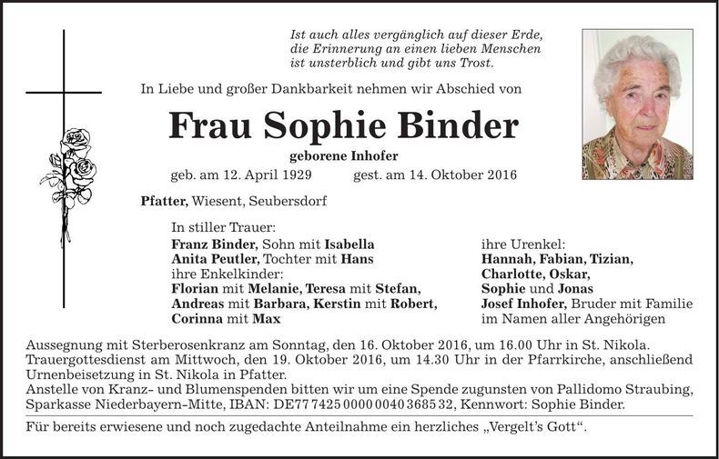 Traueranzeige Sophie Binder