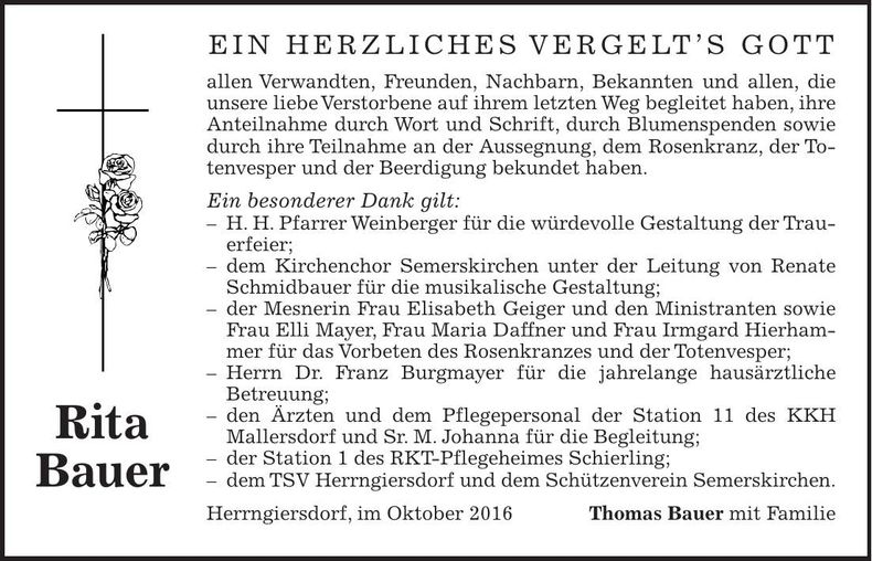 Traueranzeige Rita Bauer