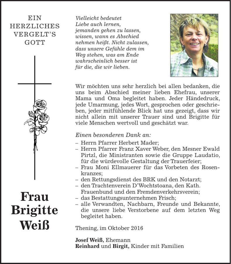 Traueranzeige Brigitte Weiß