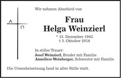 Traueranzeige Helga Weinzierl