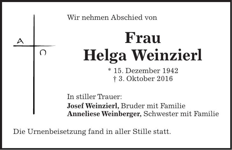 Traueranzeige Helga Weinzierl