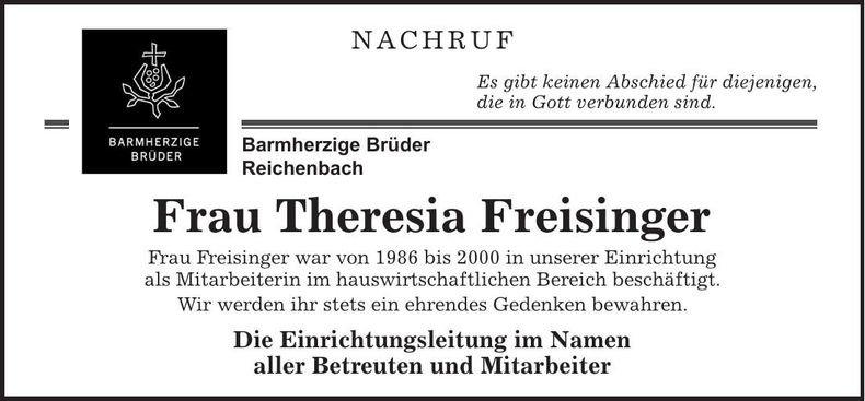 Traueranzeige Theresia Freisinger
