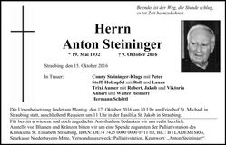 Traueranzeige Anton Steininger
