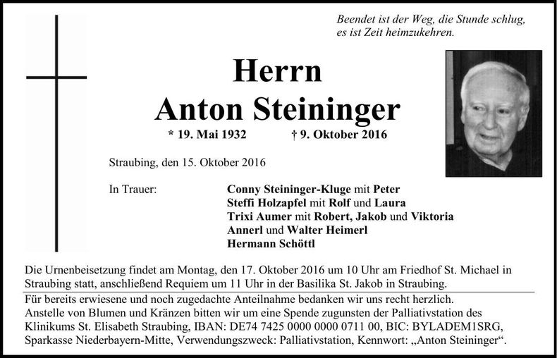 Traueranzeige Anton Steininger