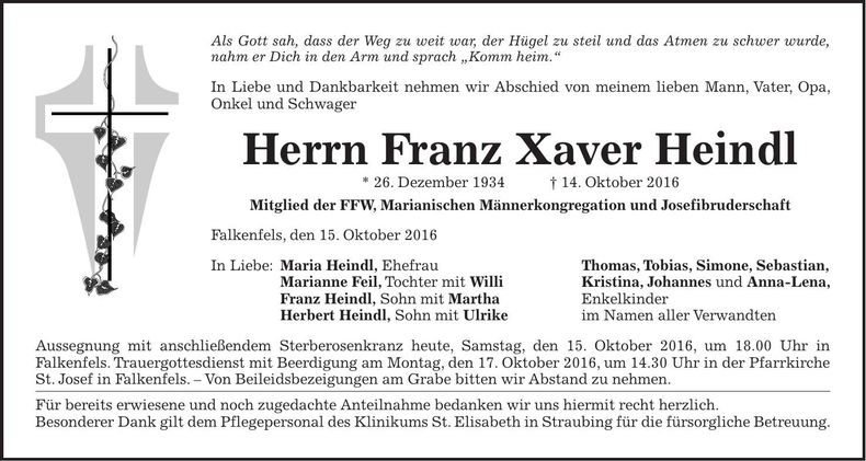 Traueranzeige Franz Xaver Heindl