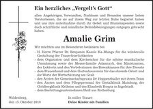 Traueranzeige Amalie Grim
