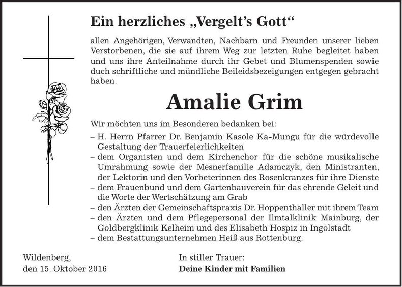Traueranzeige Amalie Grim