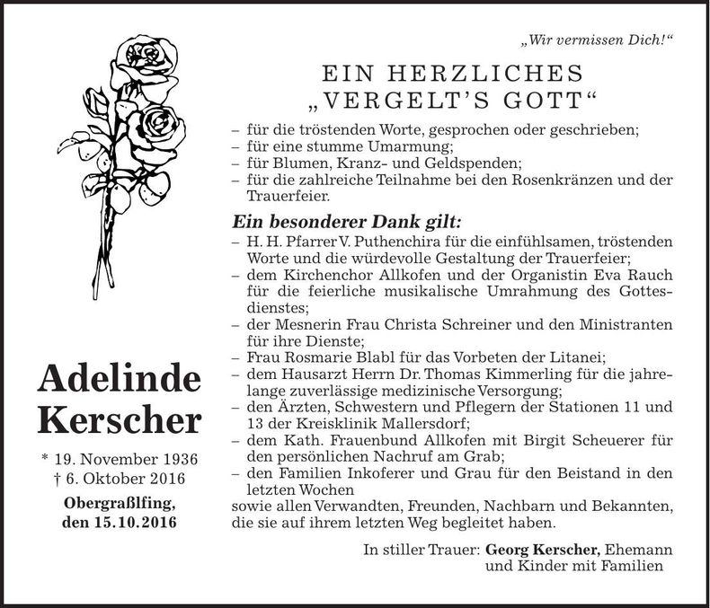 Traueranzeige Adelinde Kerscher