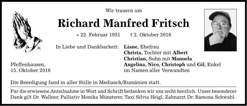Traueranzeige Richard Manfred Fritsch