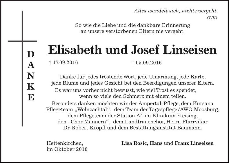 Traueranzeige Elisabeth und Josef Linseisen