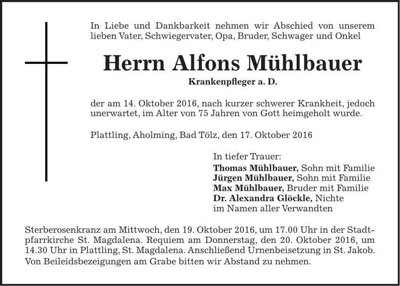 Traueranzeige Alfons Mühlbauer
