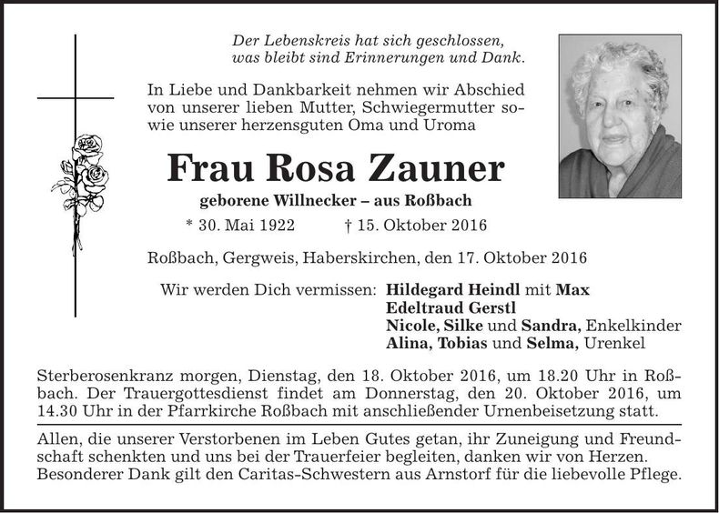 Traueranzeige Rosa Zauner