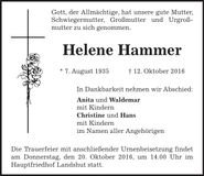 Traueranzeige Helena Hammer