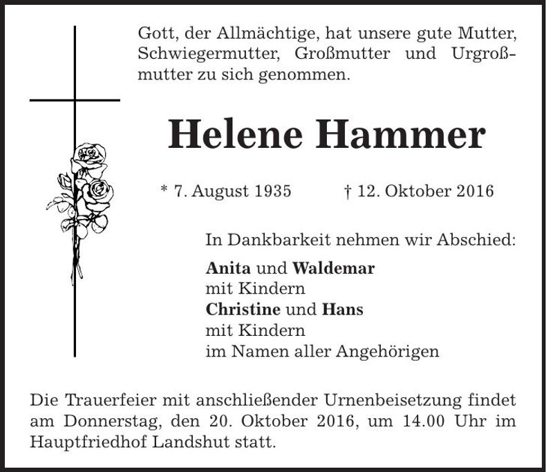 Traueranzeige Helena Hammer