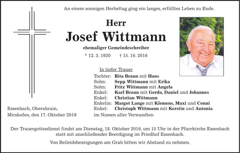 Traueranzeige Josef Wittmann