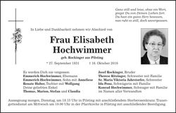 Traueranzeige Elisabeth Hochwimmer