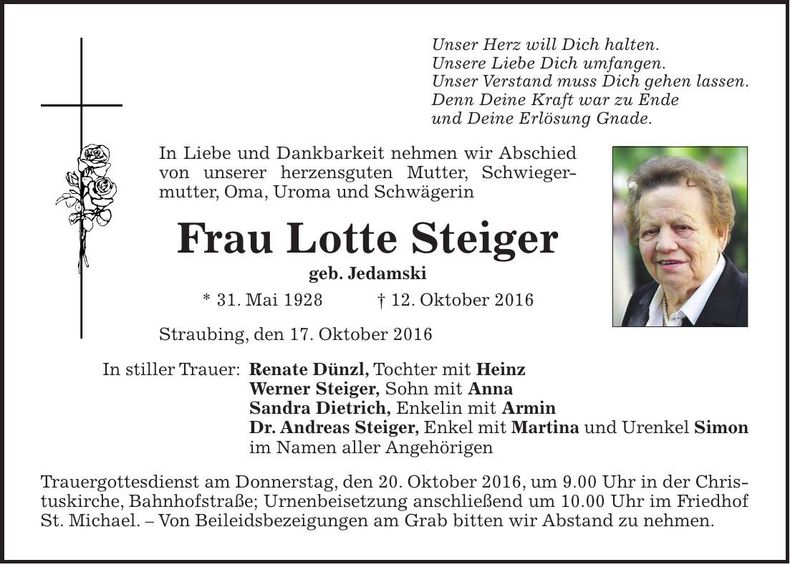Traueranzeige Lotte Steiger