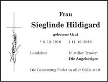 Traueranzeige Sieglinde Hildigard