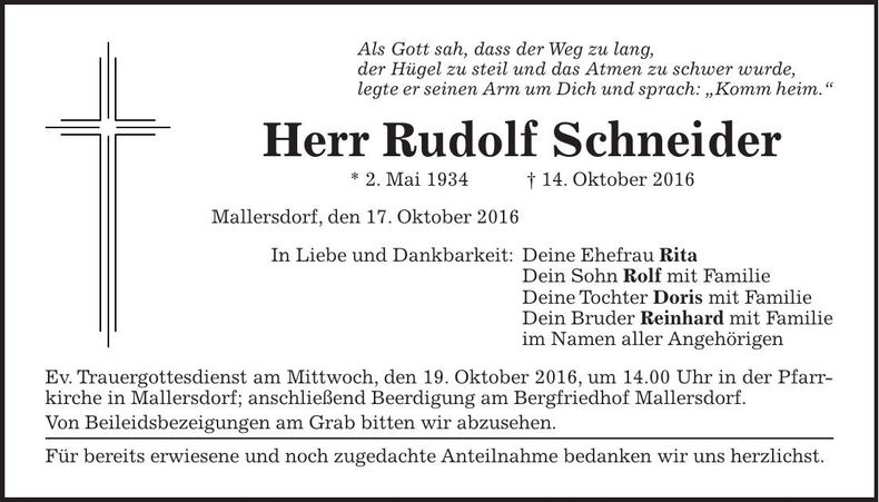 Traueranzeige Rudolf Schneider