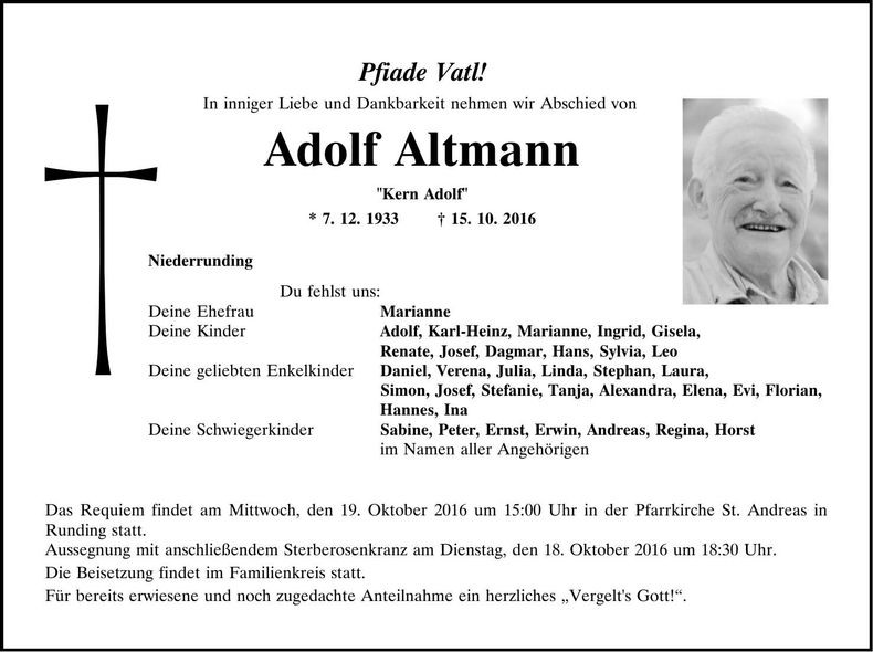 Traueranzeige Adolf Altmann