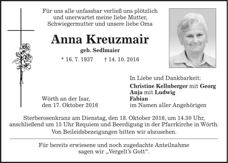 Traueranzeige Anna Kreuzmair
