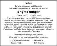 Traueranzeige Brigitte Hunger