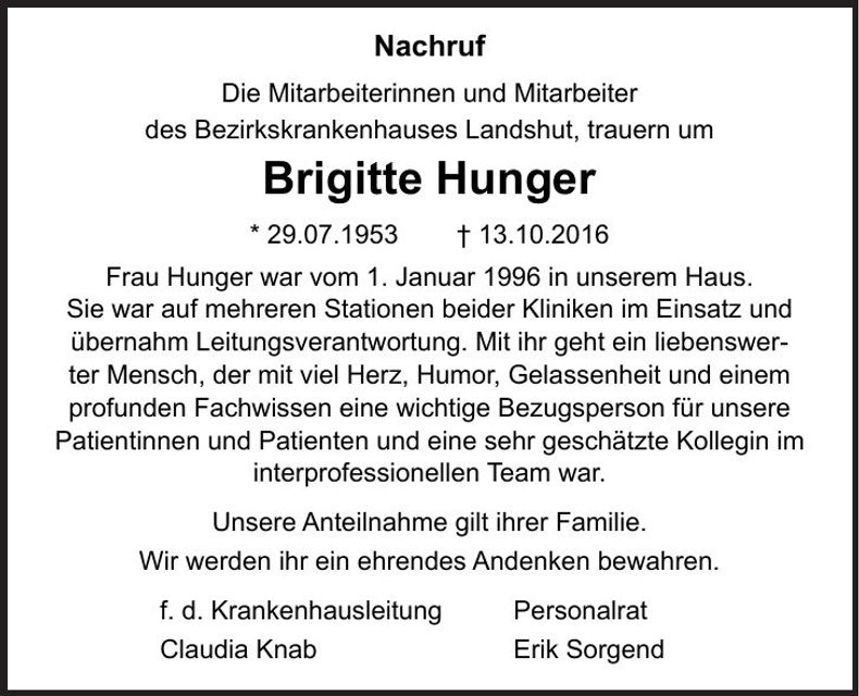 Traueranzeige Brigitte Hunger