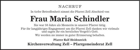 Traueranzeige Maria Schindler