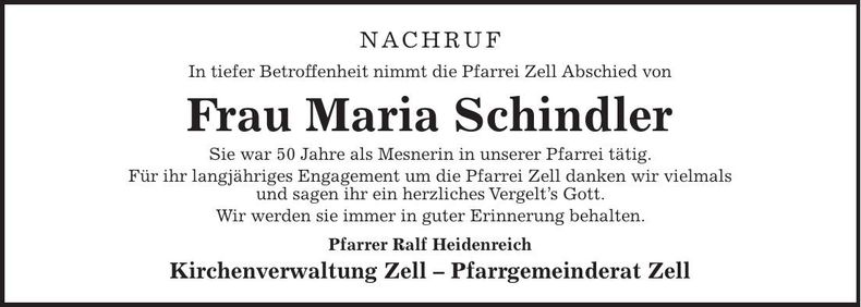 Traueranzeige Maria Schindler
