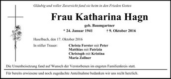 Traueranzeige Katharina Hagn