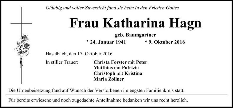 Traueranzeige Katharina Hagn