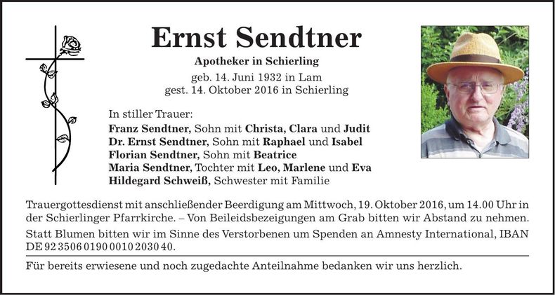 Traueranzeige Ernst Sendtner