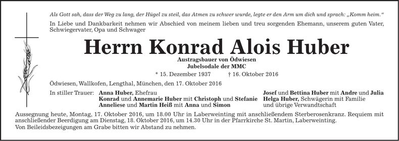 Traueranzeige Konrad Alois Huber