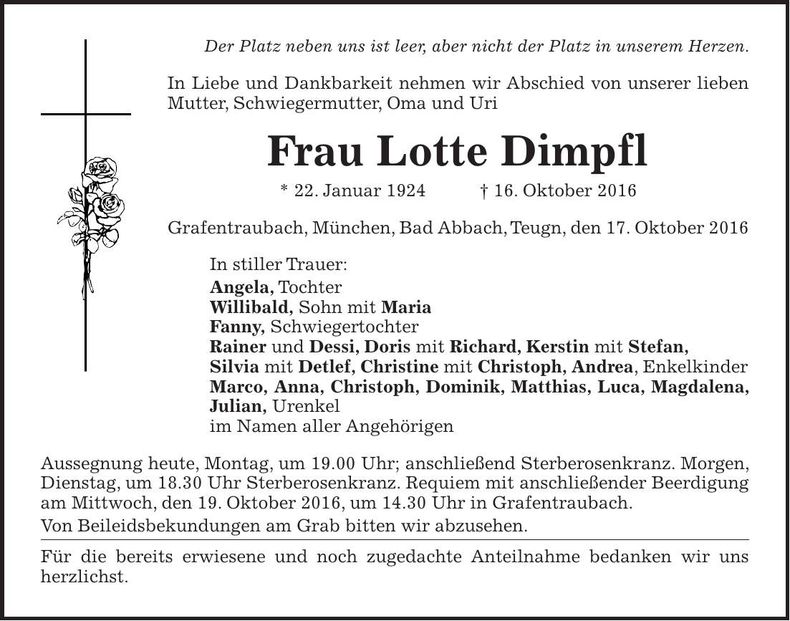 Traueranzeige Lotte Dimpfl